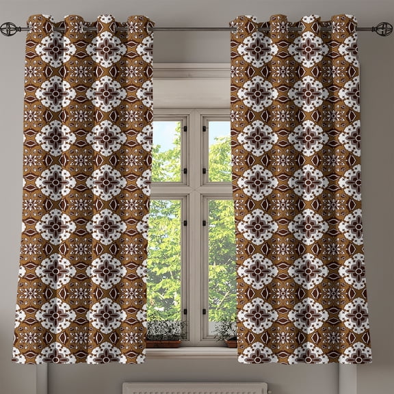 Ambesonne Chocolate Grommet Curtain, Batik Floral Pattern, 50" x 63", Dark Brown White Brown