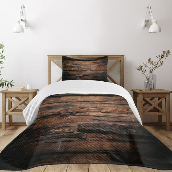 Ambesonne Chocolate Quilted Bedspread Set 2 Pcs, Rough Dark Timber, Twin Size, Brown Dark Brown