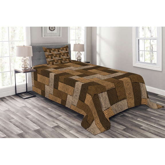 Ambesonne Chocolate Quilted Bedspread Set 2 Pcs, Wooden Parquet Motif, Twin Size, Beige Pale Brown