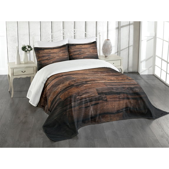 Ambesonne Chocolate Quilted Bedspread Set 3 Pcs, Rough Dark Timber, Queen Size, Brown Dark Brown