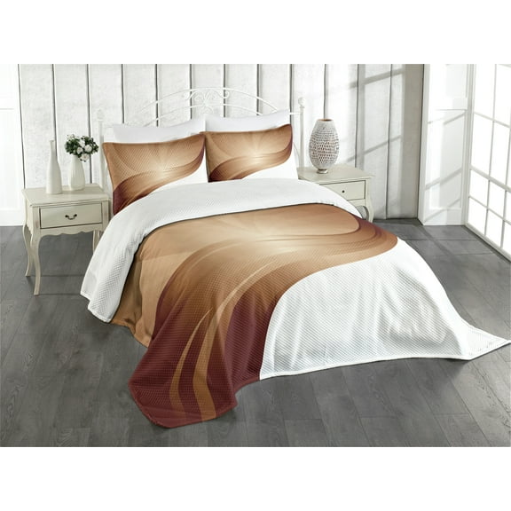 Ambesonne Chocolate Quilted Bedspread Set 3 Pcs, Spiraling Stripe, King Size, Pale Brown White