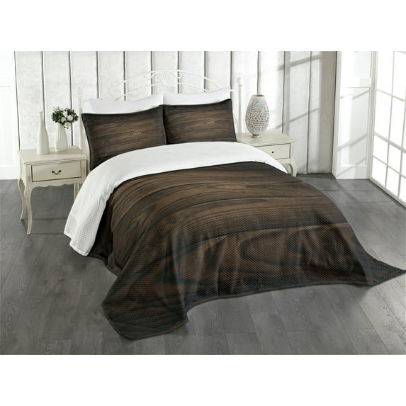 Ambesonne Chocolate Quilted Bedspread Set 3 Pcs, Vintage Hardwood, Queen Size, Brown