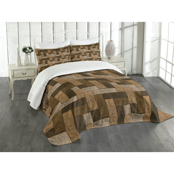 Ambesonne Chocolate Quilted Bedspread Set 3 Pcs, Wooden Parquet Motif, Queen Size, Beige Pale Brown