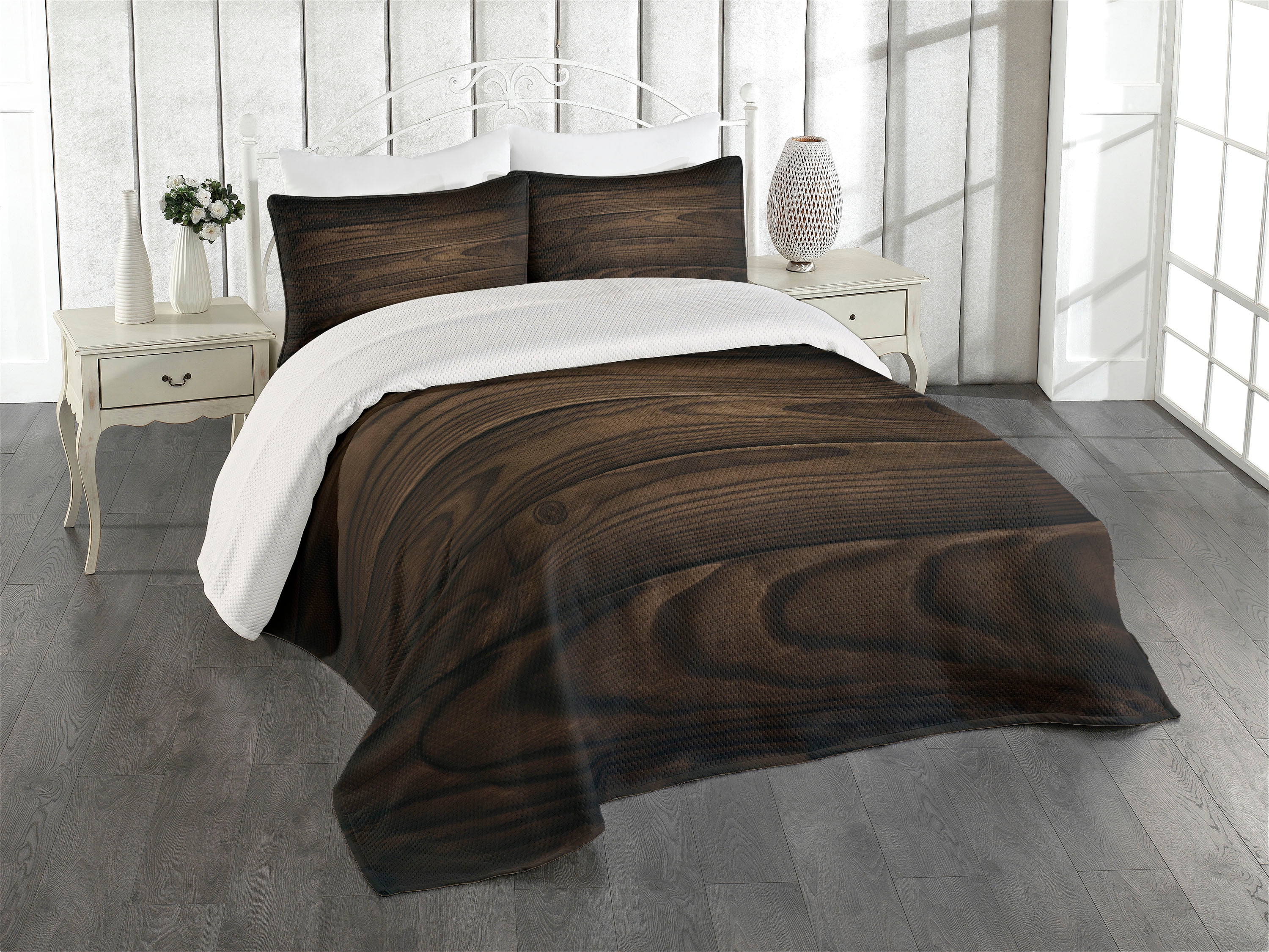 Twin White and Brown Quilted Bedspread Set