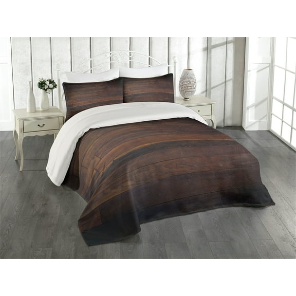 Ambesonne Chocolate Quilted Coverlet 3 Pcs, Aged Dark Timber, Queen Size, Dark Brown