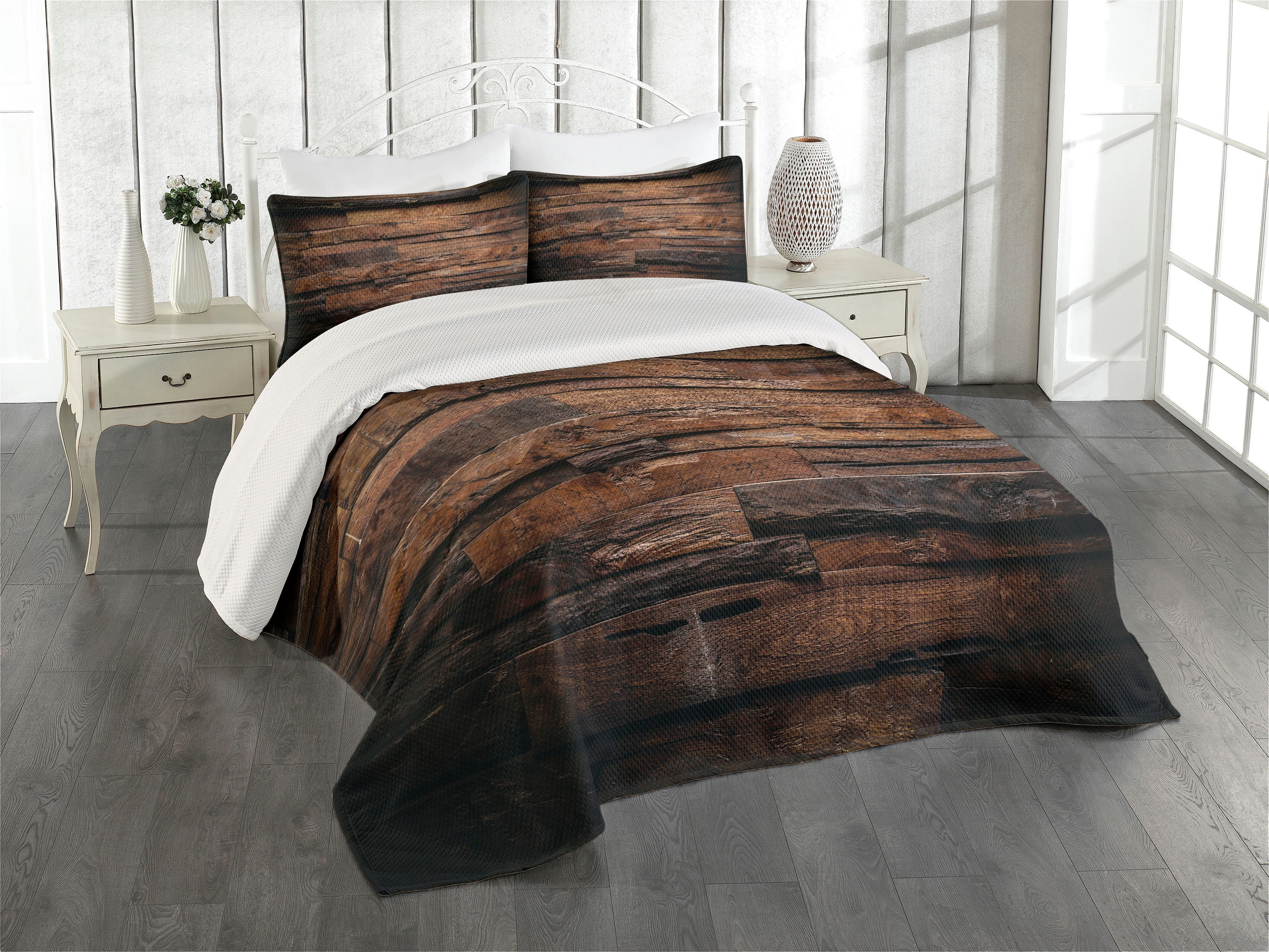 Queen Brown Dark Brown Quilted Bedspread Set with Shams