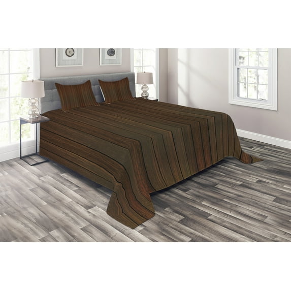 Ambesonne Chocolate Quilted Coverlet 3 Pcs, Wooden Floor Design, King Size, Brown