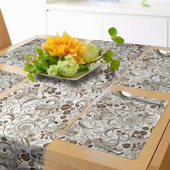 Ambesonne Chocolate Table Runner & Placemats, Classic Floral Motifs, Placemat 4 pcs + Runner 12"x72", Brown White