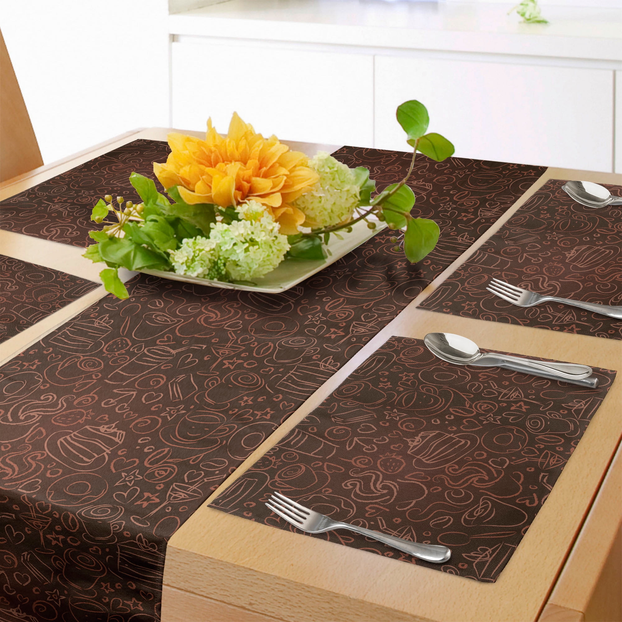 Ambesonne Chocolate Table Runner & Placemats, Coffee Time Doodle Art