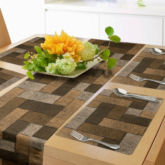 Ambesonne Chocolate Table Runner & Placemats, Wooden Parquet Motif, Placemat 4 pcs + Runner 16"x90", Beige Pale Brown