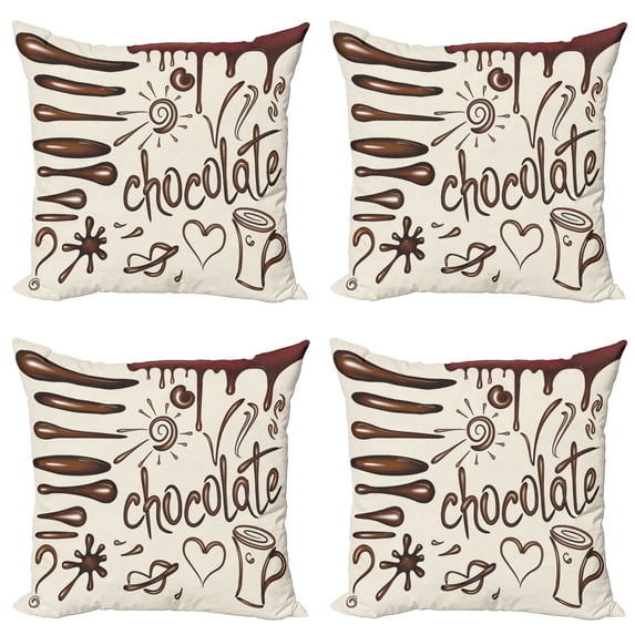 Ambesonne Chocolate Throw Pillow Cover 4 Pack, Coffee Cup Heart Lips, 16", Brown Ivory and Burgundy