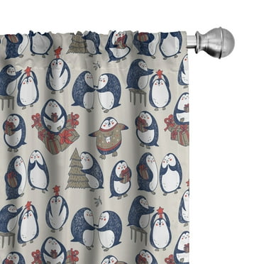 Ambesonne Christmas 4-Panel Curtains, Grunge Penguins Boxes, 56"x95", Navy Blue White Umber