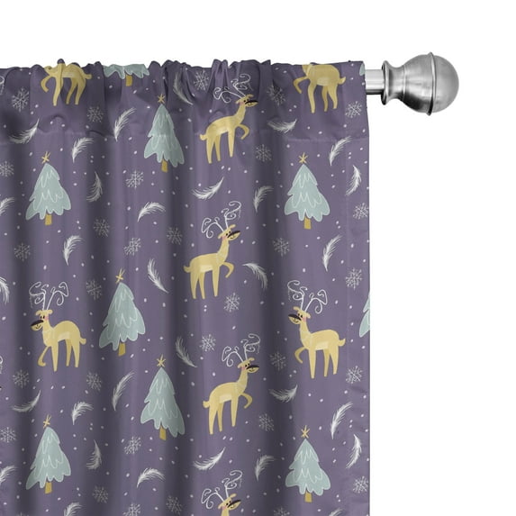 Ambesonne Christmas Window Curtains, Snow and Cartoon Deer, Each 28" W x 63" L, Mustard and Purple Grey