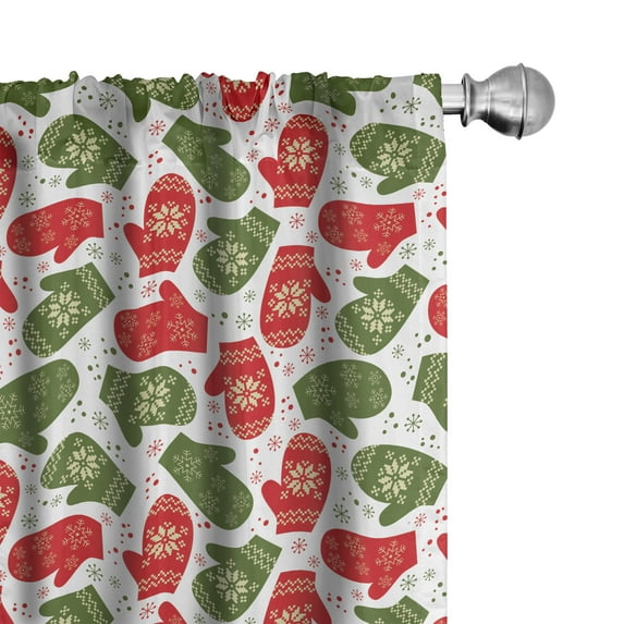 Ambesonne Christmas Window Curtains, Winter Gloves Pattern, Each 28" W x 63" L, White Green Red