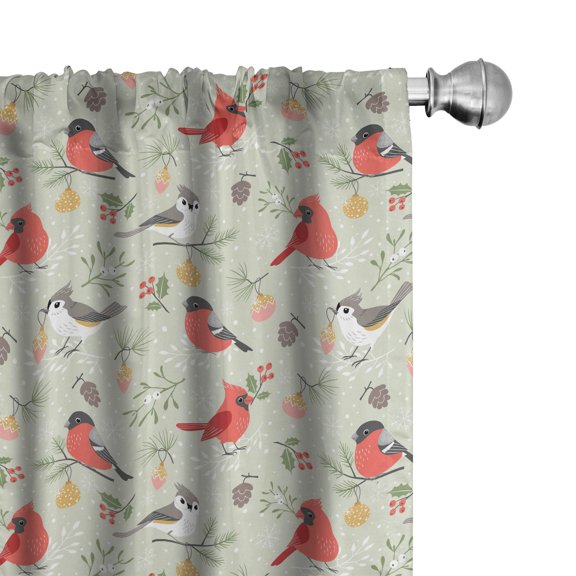 Ambesonne Christmas Window Curtains, Winter Ornaments Birds, Each 28" W x 84" L, Pale Green and Multicolor