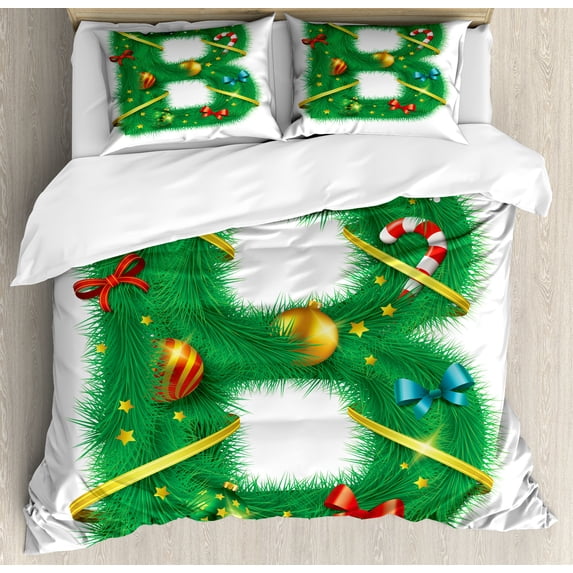 Ambesonne Christmas Alphabet Duvet Cover Set, B Calligraphy, 2-Calking, White and Green