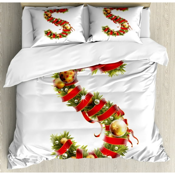 Ambesonne Christmas Alphabet Duvet Cover Set, Image S Letter, 2-Calking, Pearl and Olive Green