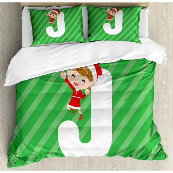Ambesonne Christmas Alphabet Duvet Cover Set, Striped Back J, Calking, Green Dark Coral and White