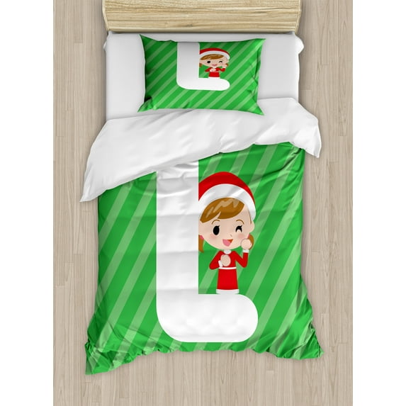 Ambesonne Christmas Alphabet Duvet Cover Sets, Letter L Pattern, 2-Twin, Green Dark Coral White