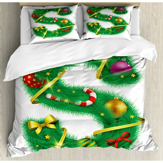 Ambesonne Christmas Alphabet Duvet Cover Sets, Letter of S Art, 2-King, White Green