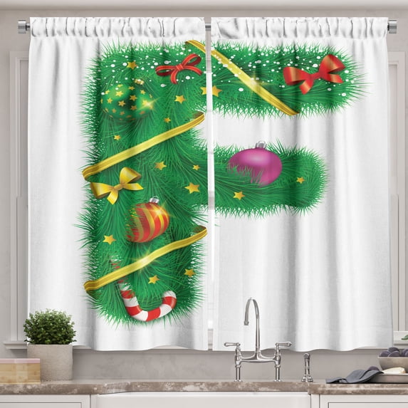 Ambesonne Christmas Alphabet Kitchen Curtains, Letter F Art, 55"x45", White Green