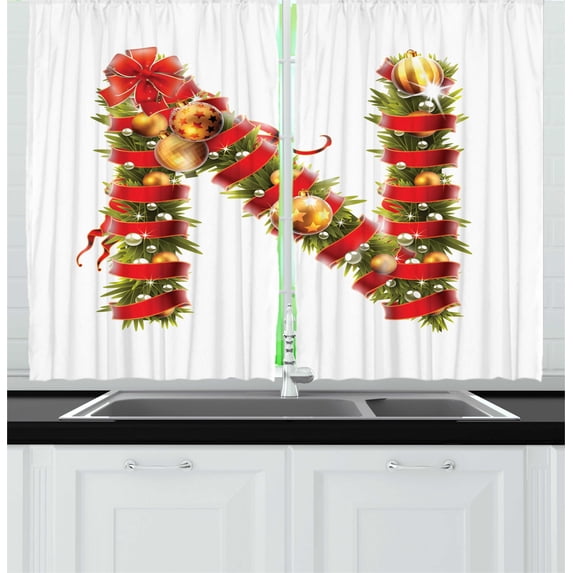 Ambesonne Christmas Alphabet Kitchen Curtains, N Letter, 55"x45", Pearl and Olive Green