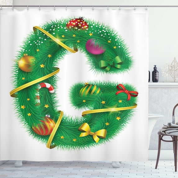 Ambesonne Christmas Alphabet Shower Curtain, G Letter Motif, 69"Wx75"L, White Green and Paprika