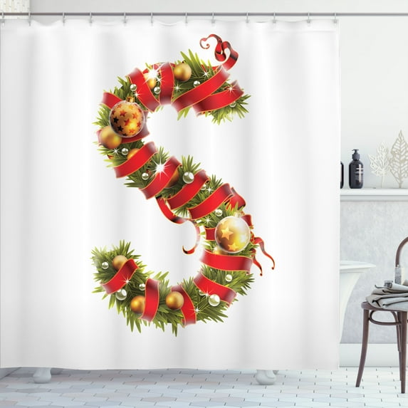 Ambesonne Christmas Alphabet Shower Curtain, Image S Letter, 69"Wx75"L, Pearl and Olive Green