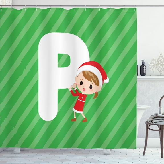 Ambesonne Christmas Alphabet Shower Curtain, Initials Concept, 69"Wx75"L, Green Dark Coral and White