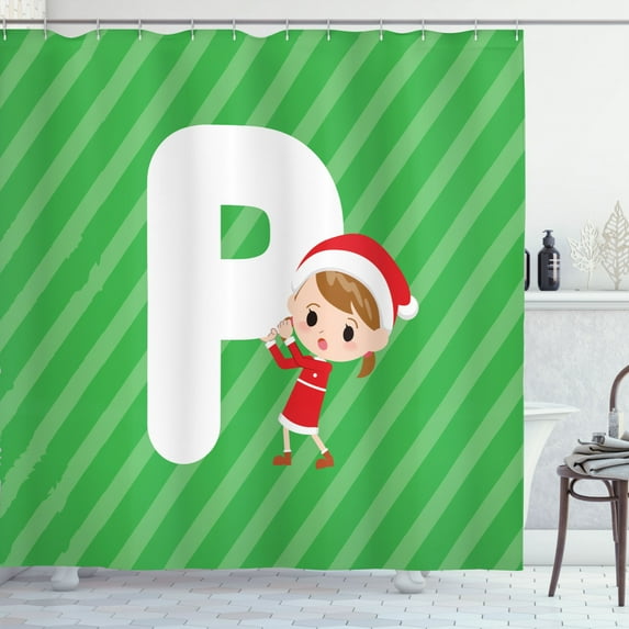 Ambesonne Christmas Alphabet Shower Curtain, Initials Concept, 69"Wx75"L, Green Dark Coral and White