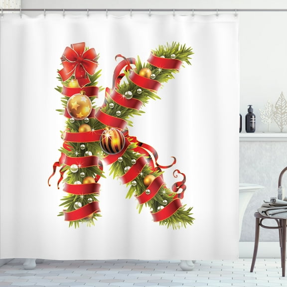 Ambesonne Christmas Alphabet Shower Curtain, K Letter Pattern, 69"Wx84"L, Pearl and Olive Green