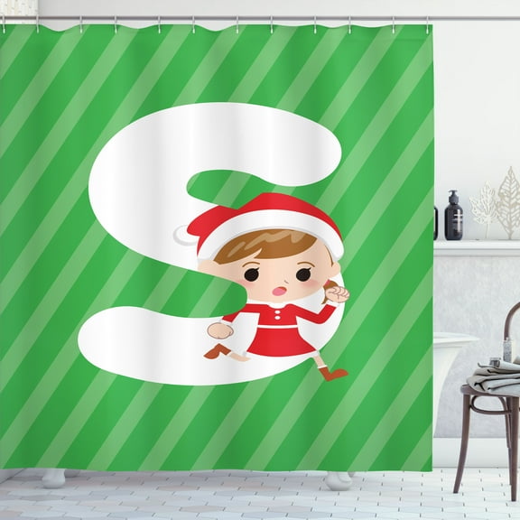 Ambesonne Christmas Alphabet Shower Curtain, Letter S, 69"Wx75"L, Green Dark Coral White