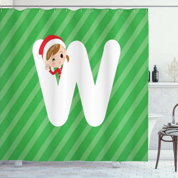 Ambesonne Christmas Alphabet Shower Curtain, Letter W Theme, 69"Wx84"L, Green Dark Coral White