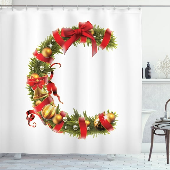 Ambesonne Christmas Alphabet Shower Curtain, Motif C Letter, 69"Wx70"L, Pearl and Olive Green
