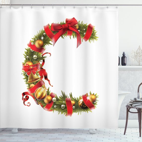 Ambesonne Christmas Alphabet Shower Curtain, Motif C Letter, 69"Wx84"L, Pearl and Olive Green
