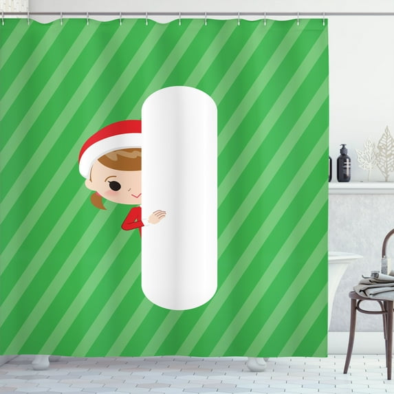 Ambesonne Christmas Alphabet Shower Curtain, Santa Letter I, 69"Wx75"L, Green Dark Coral White