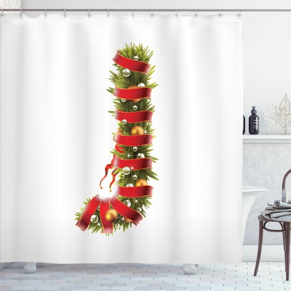 Ambesonne Christmas Alphabet Shower Curtain, Sketch J Letter, 69"Wx84"L, Pearl and Olive Green