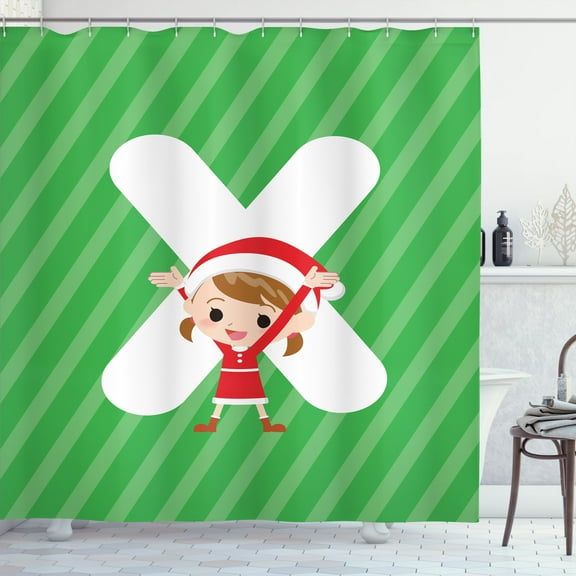Ambesonne Christmas Alphabet Shower Curtain, Upbeat X, 69"Wx75"L, Green Dark Coral White