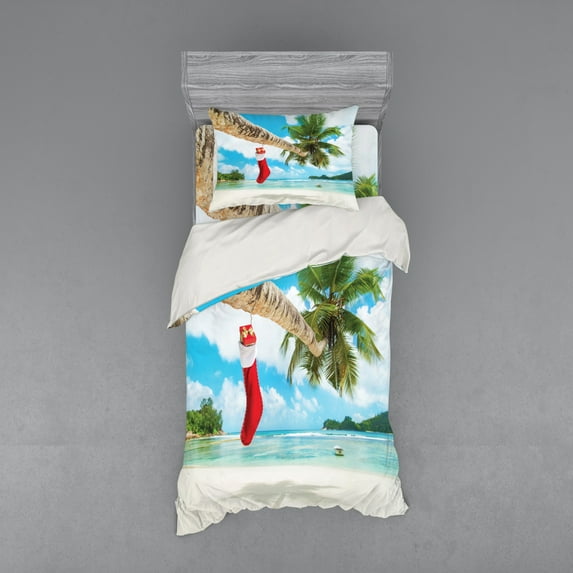 Ambesonne Christmas Bedding Set 3 Pcs, Beach Xmas Stockings, Twin, Multicolor