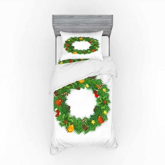 Ambesonne Christmas Bedding Set 3 Pcs, Dressed Wreath, Twin XL, Multicolor