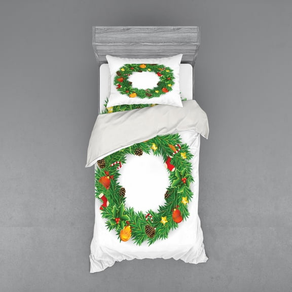 Ambesonne Christmas Bedding Set 3 Pcs, Evergreen Wreath Art, Twin, Green White