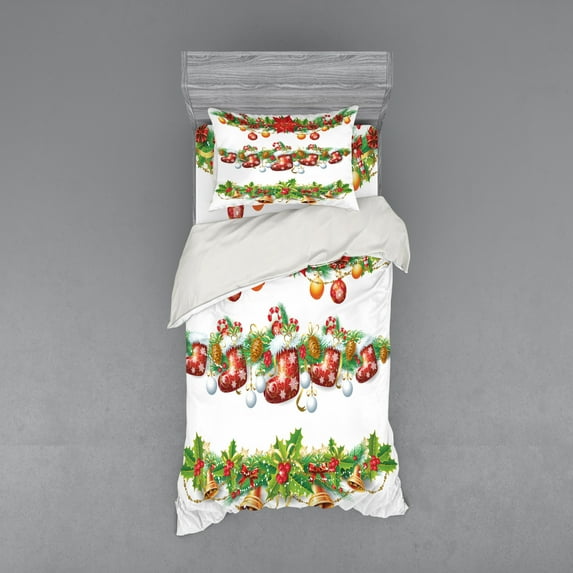 Ambesonne Christmas Bedding Set 3 Pcs, Flowers Socks and Bells, Twin XL, Orange Red Green