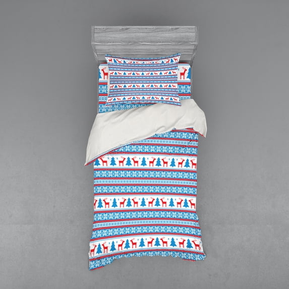 Ambesonne Christmas Bedding Set 3 Pcs, Folk Knit Style Art, Twin, Red Blue