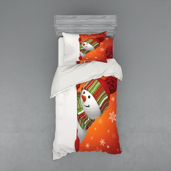 Ambesonne Christmas Bedding Set 3 Pcs, Funny Snowman Santa, Twin, White Orange