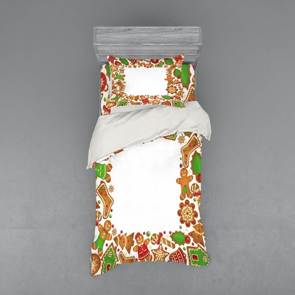 Ambesonne Christmas Bedding Set 3 Pcs, Gingerbread Biscuits, Twin, Green Brown and Red