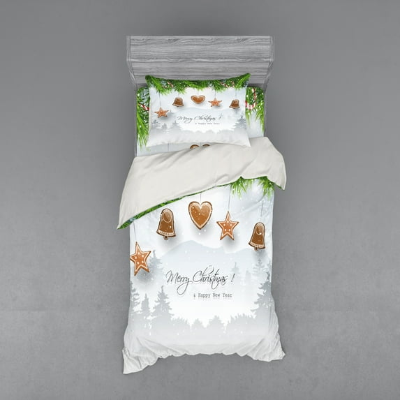 Ambesonne Christmas Bedding Set 3 Pcs, Gingerbread Fir Tree, Twin XL, Pale Brown Pale Grey