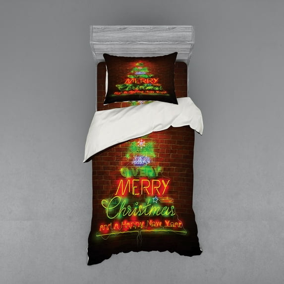 Ambesonne Christmas Bedding Set 3 Pcs, Happy New Year Neon, Twin XL, Burgundy Green
