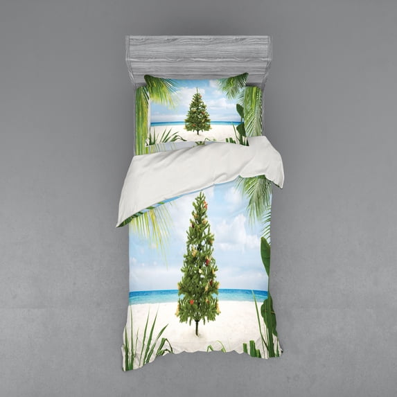 Ambesonne Christmas Bedding Set 3 Pcs, Holiday Party Tree, Twin, Green Blue Cream