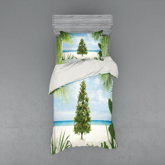 Ambesonne Christmas Bedding Set 3 Pcs, Holiday Party Tree, Twin XL, Green Blue Cream