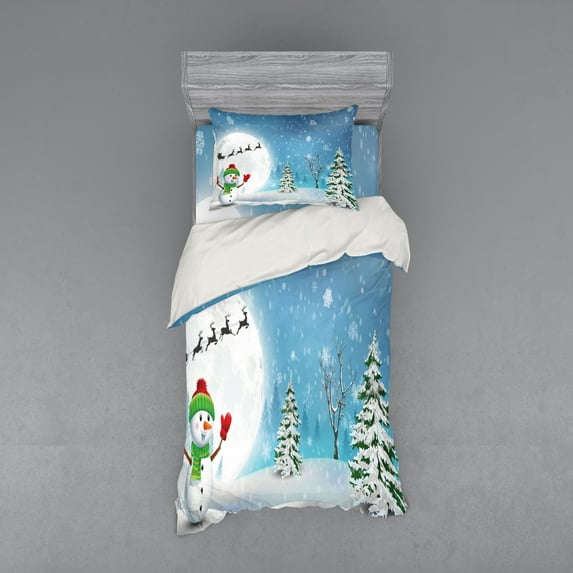 Ambesonne Christmas Bedding Set 3 Pcs, Jolly Snowman Santa, Twin, White Blue